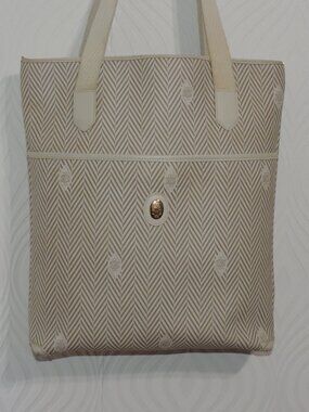 Rare MARK CROSS Azur Ivory Leather Coated Canvas Chevron Tote Bag Vintage Italy